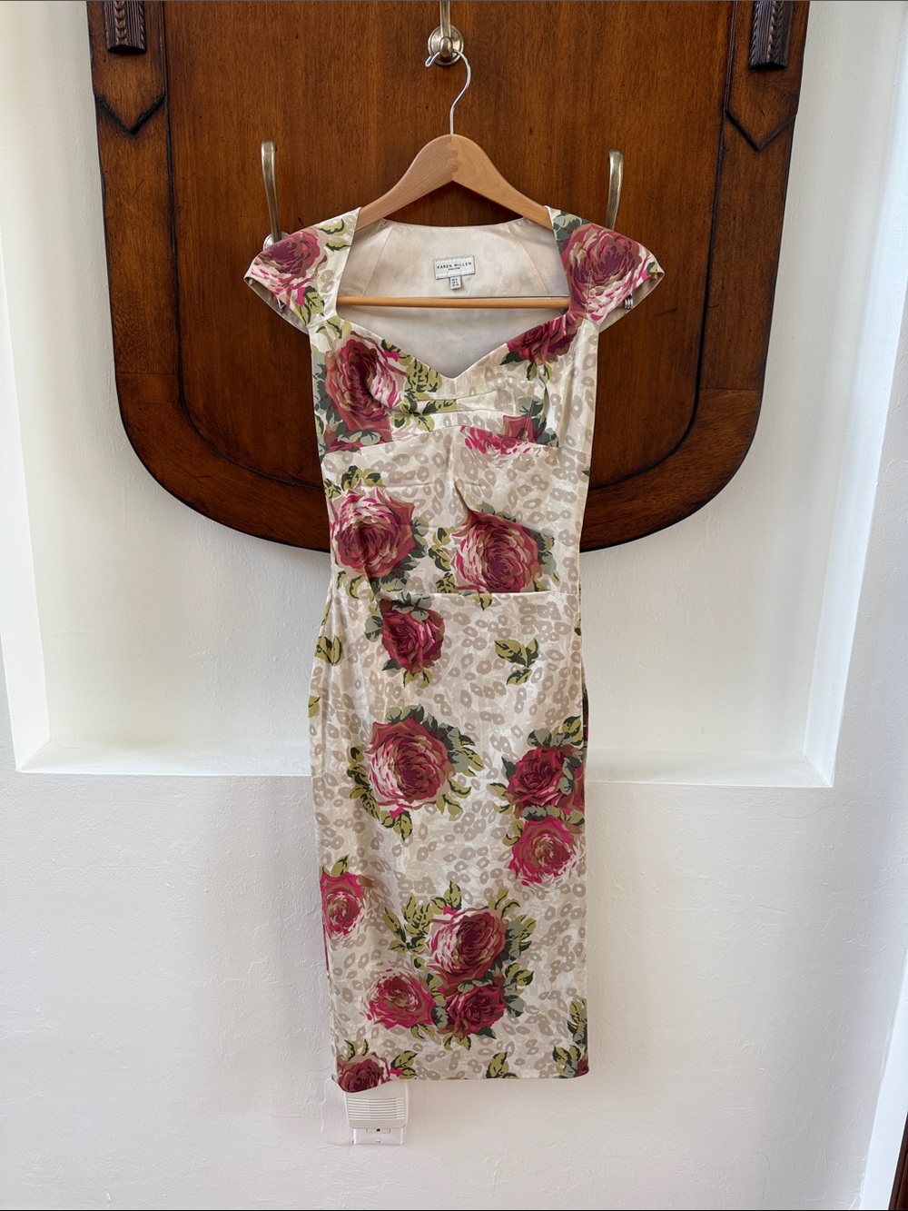 Karen Millen Cream Midi Dress with Pink Rose Print